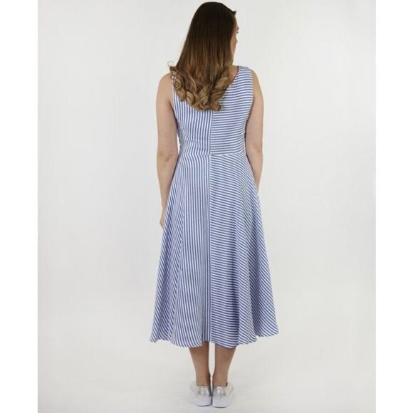 Marella Women’s Blue and White Striped Sleeveless Modest Neckline Midi Maxi Dres - Picture 4 of 13